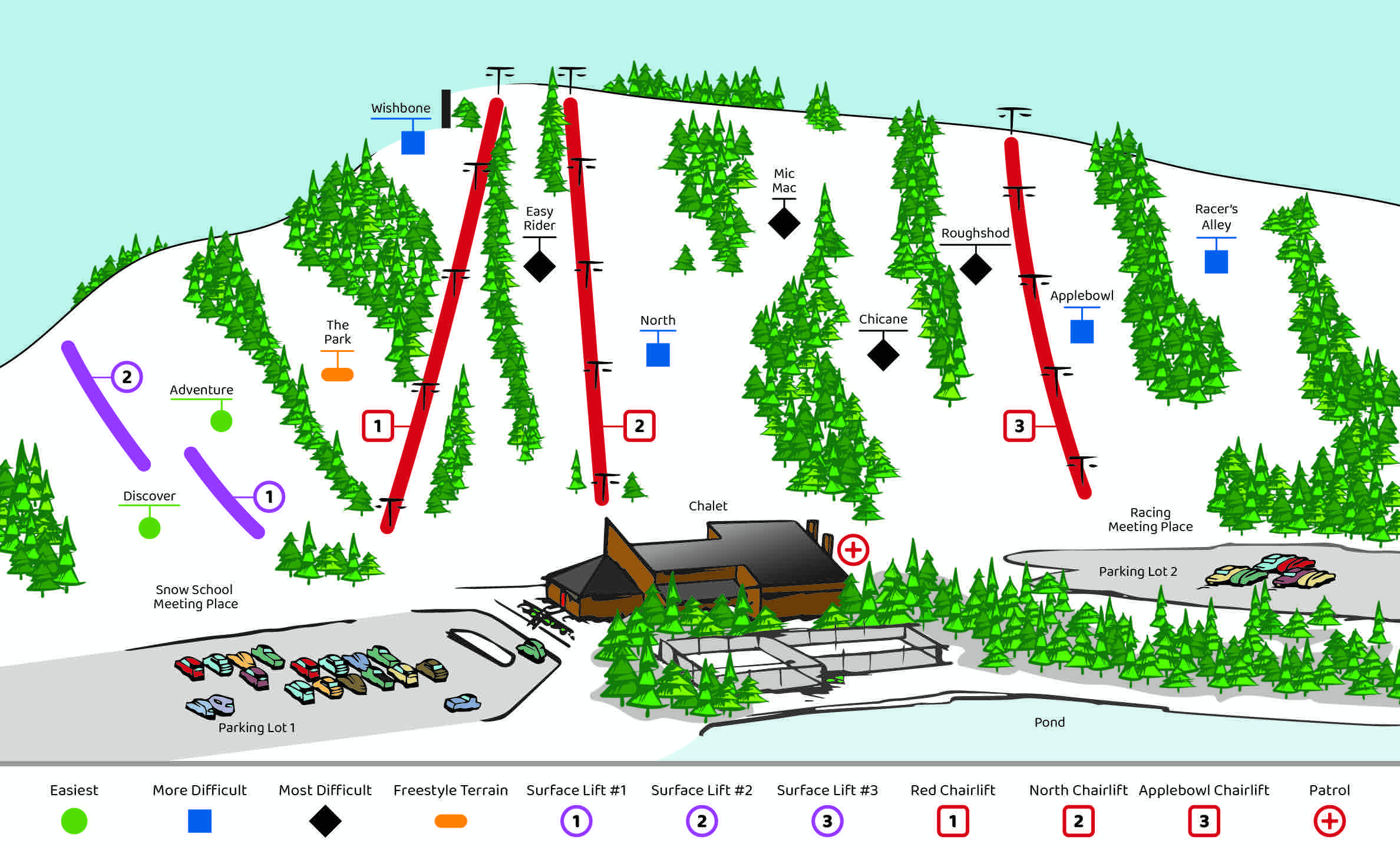 Chicopee site/trail map showing the resort grounds, chalet, parking lots, and trails.