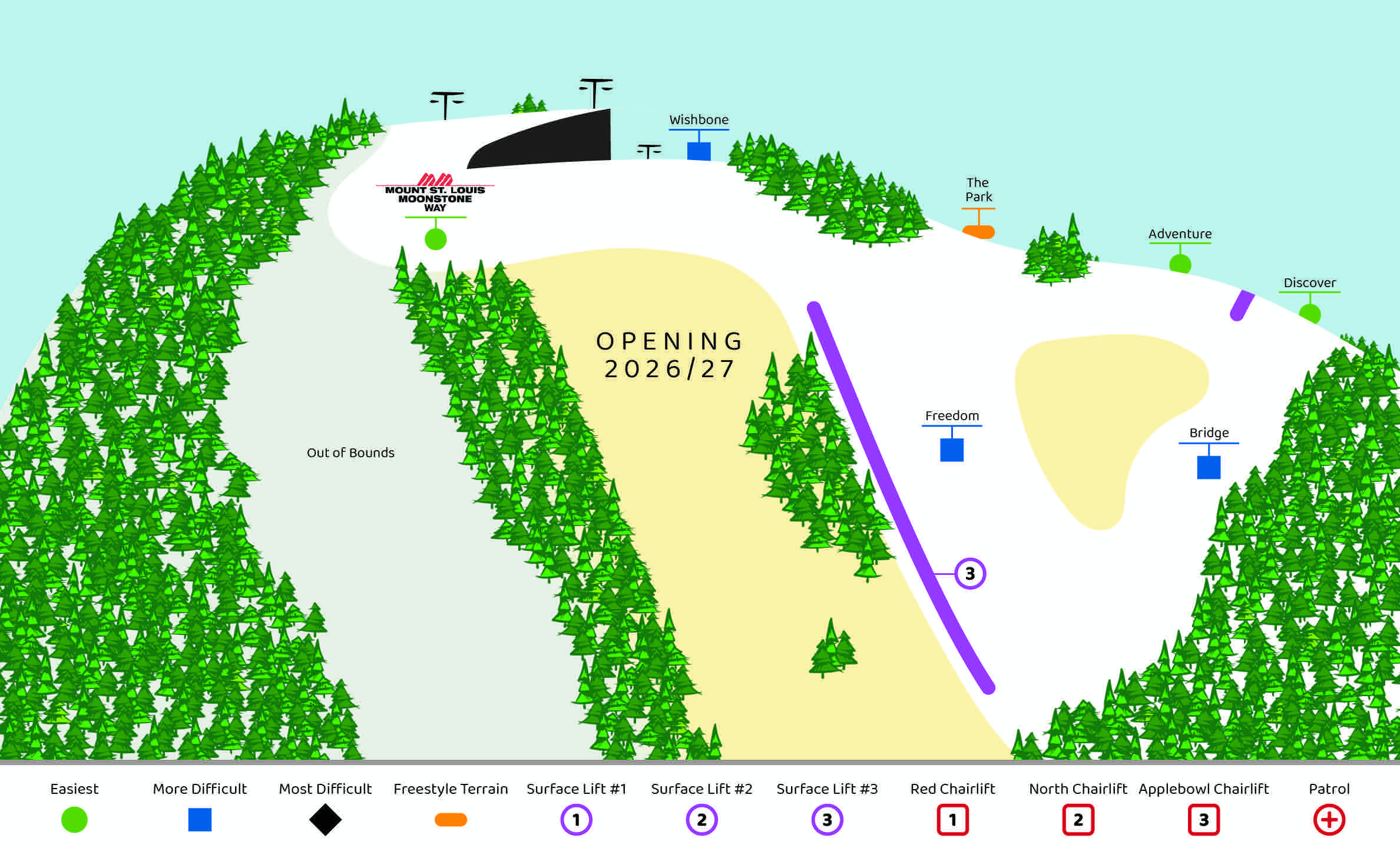 Chicopee site/trail map showing the back of the hill, and trails.